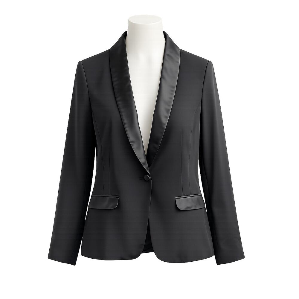 MNG by Mango Black Satin Lapel Tuxedo Blazer - Size 10 - Career Chic